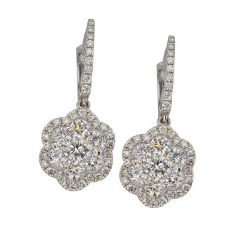 1.64 CT F SI1 1 '' 18K White Gold Floral Design Cluster Diamond Earrings -IDJ014949