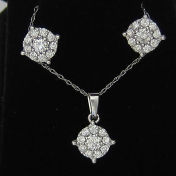 1.00CT F SI 14K White Gold Diamond Necklace Pendant and Earrings Cluster Set - IDJ015041