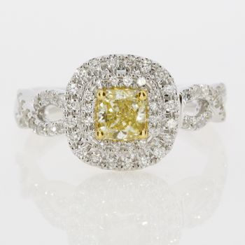 Fancy Yellow Diamond Pave' Halo Ring set in 18kt White and Yellow Gold /SER20973Y