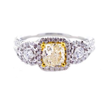 Three Stone Diamond Halo Ring with a Fancy Yellow Diamond in the Center set in 18kt White and Yellow Gold /SER16725AY