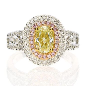 Fancy Yellow Oval Shape Diamond Double Halo Ring set in 18kt White, Yellow, and Rose Gold /SER18960PYG