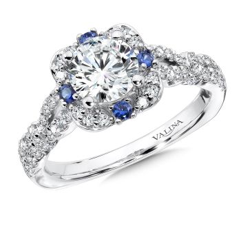 R9653W-BSA - Diamond and Blue Sapphire Halo Engagement Ring Mounting in 14K White Gold (.40 ct. tw.)