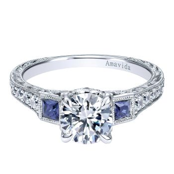0.18 ct - 3 Stone Diamond Engagement Ring Set in Platinum With 0.24 Sapphire /ER10042PT3SA-IGCD