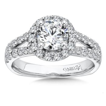 Round Halo Engagement Ring with Split Shank and Diamond Side Stones in 14K White Gold with Platinum Head (0.59ct. tw.) /CR495W