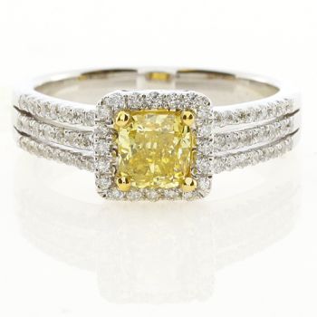 Fancy Yellow Cushion Shape Diamond Halo Ring set in 18kt White and Yellow Gold /SER20081Y