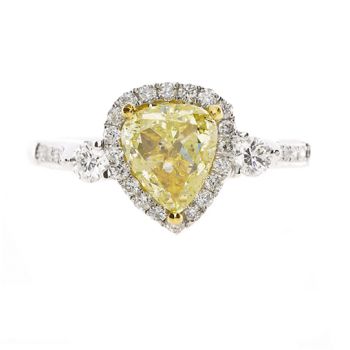 Three Stone Fancy Yellow Pear Shape Diamond Halo Ring set in 18kt White and Yellow Gold /SER18467Y