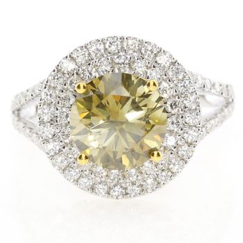 Fancy Yellow Round Shape Diamond Halo Ring with a Split Shank Setting set in 18kt White and Yellow Gold /SRR15219Y