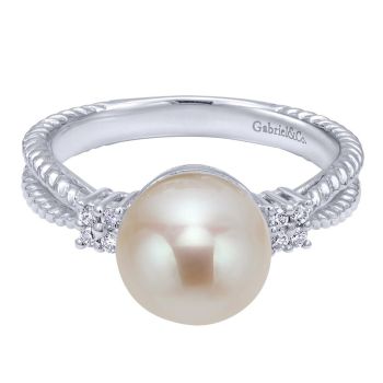 0.07 ct F-G SI Diamond Pearl Fashion Ladie's Ring In 14K White Gold LR5724W45PL