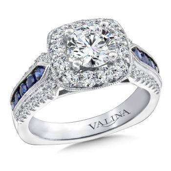 R9520W-BSA - Diamond and Blue Sapphire Halo Engagement Ring Mounting in 14K White Gold (.75 ct. tw.)