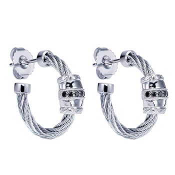 925 Silver/stainless Steel Black Diamond Huggie Earrings 0.12 ct EG11452MXJBD
