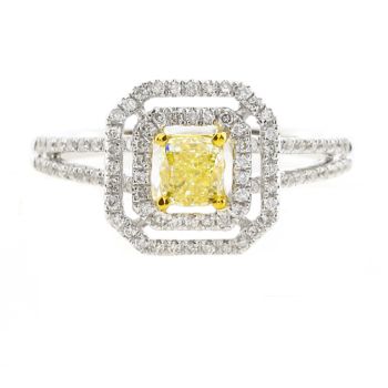 Fancy Yellow Diamond Halo Ring with a Split Shank set in 18kt White and Yellow Gold /SER16086Y