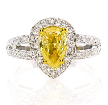 Fancy Yellow Pear Shape Pave Set Diamond Halo Ring set in 18kt White and Yellow Gold /SER17511AY