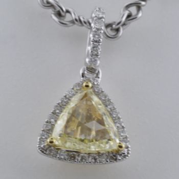Fancy Yellow Trillion Shape Diamond Pendant Surrounded by Round Diamonds set in 18kt White and Yellow Gold /SEP18479Y
