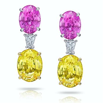 15.11 Carat Oval Pink & Yellow Sapphires Diamond Earrings