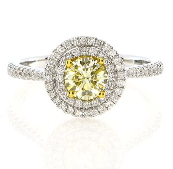 Round Cut Fancy Yellow Diamond Double Halo ring set in 18kt White and Yellow Gold /SER16487Y