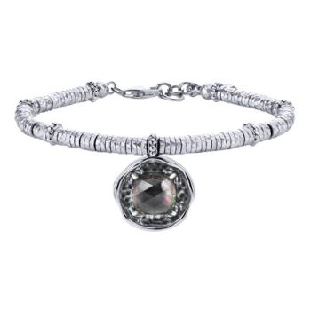 Rock Crystal & Black Pearl Charm Bracelet In Silver 925/Stainless Steel TB3648MXJXB