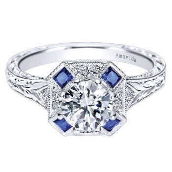 0.10 ct - Diamond Engagement Ring Set in Platinum and 0.24 Sapphire Halo /ER8776PT3SA-IGCD