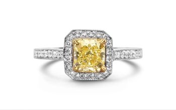 1.28 Ct Radiant Cut Fancy Yellow Diamond Halo Engagement Ring OS6002