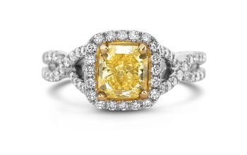 1.88 Ct Radiant Cut Fancy Yellow Diamond Halo Engagement Ring OP9001