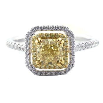GIA Certified Fancy Yellow Double Halo Diamond Ring set in 18kt White and Yellow Gold /SER16876YYY