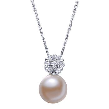 0.07 ct Round Cut Diamond Pearl Fashion Necklace set in 14K White Gold NK664W45PL