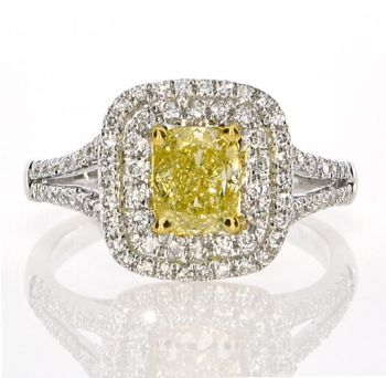 Fancy Yellow Emerald Cut Double Halo Diamond Ring with a Split Shank set in 18kt White and Yellow Gold /SER14007AYG