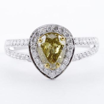 Fancy Yellow Tear Drop Shape Diamond Halo Ring in a Split Shank Setting set in 18kt White and Yellow Gold /SER17519Y