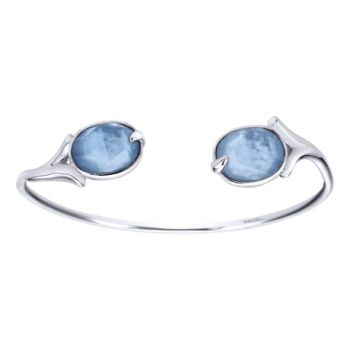 Rock Crystal & white Mother Pearl & turquoise Cuff Bangle In Silver 925 BG3693SVJMT