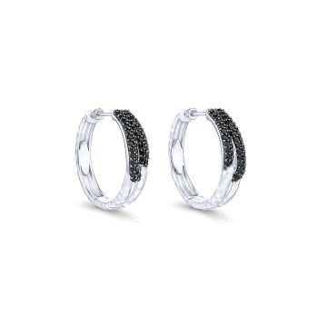 1.80 ct - Earrings
 925 Silver Black Spinel Classic Hoop Set in 18k White Gold Diamond Halo /EG13276SVJBS-IGCD