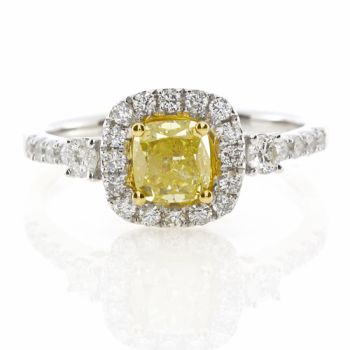 Cushion Shape Fancy Yellow Diamond Halo Ring set in 18kt White and Yellow Gold /SER18289Y