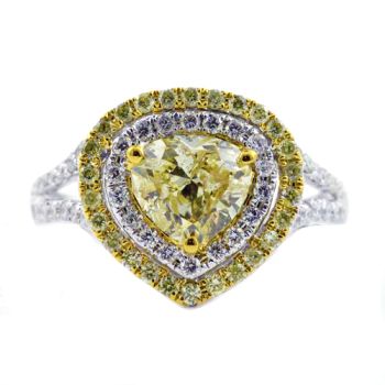 Fancy Yellow Trilliom Shape Double Halo Diamond Ring with a Split Shank set in 18kt White and Yellow Gold /SER18320Y