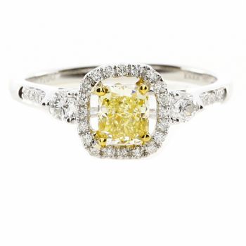 Cushion Shape Fancy Yellow Diamond Halo Ring Set in 18kt White and Yellow Gold /SER19407Y