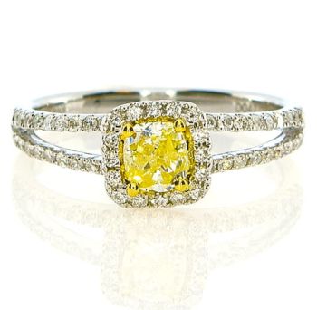Fancy Yellow Diamond Halo Ring in a Split Shank Setting set in 18kt White and Yellow Gold /SER19230Y
