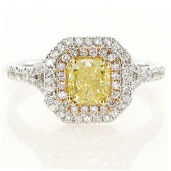 Fancy Yellow Double Halo Diamond Ring with a Slight Split Sank set in 18kt White, Yellow, and Rose Gold Engagement Ring /SER19307PY