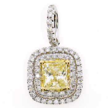 Fancy Yellow Color Square Diamond Pendant Surrounded by a Double Halo of White Diamonds set in 18kt White and Yellow Gold /SEP19322Y