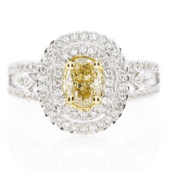 Fancy Yellow Oval Shape Double Halo Diamond Ring set in 18kt White and Yellow Gold /SER18960YG