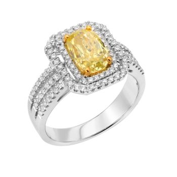 Fancy Yellow Double Halo Diamond Ring set in 18kt White and Yellow Gold /SER17115Y