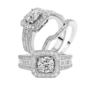 0.9 ct - Halo Diamond Engagement Ring Set in 14K White Gold /R11302-ICSD