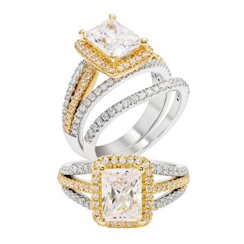 0.6 ct - Halo Diamond Engagement Ring Set in 14K White & 18K Yellow Gold /R11822YW-ICSD