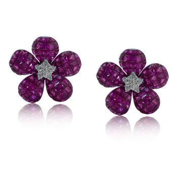 Invisible Set Ruby and Diamond EarRing S set in a Floral Design in 18KT White Gold 12.46ct C00438ER1V68-IAJD