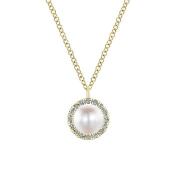0.12 ct - Necklace
 14k Yellow Gold Diamond Pearl Fashion /NK5619Y45PL-IGCD