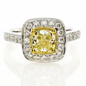 Fancy Yellow Diamond Halo Ring set in 18kt White and Yellow Gold /SRR14464YG