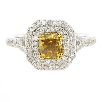 Fancy Yellow Double Halo Diamond Ring in a Split Shank Setting set in 18kt White and Yellow Gold /SER19307Y