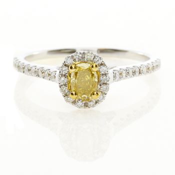 Oval Shape Fancy Yellow Halo Diamond Engagement Ring set in 18kt White and Yellow Gold /SER18923Y