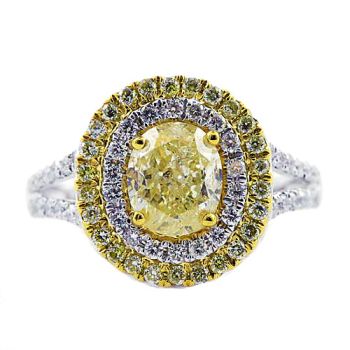Fancy Yellow Oval Shape Double Halo Diamond Ring with a Split Shank set in 18kt White and Yellow Gold /SER18316Y