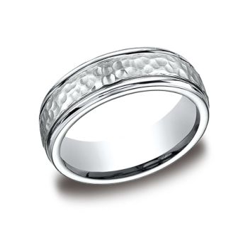 7mm Comfort fit Wedding Band Features A Hammered Finished Band In Palladium CFB156309-IBMD