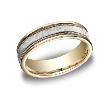 8mm Comfort fit Wedding Band Features A Hammered Finished Band In 14K Two Tone CFB15830814K-IBMD