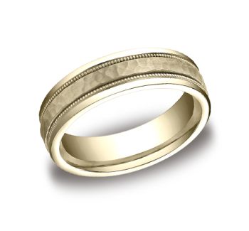 6mm Comfort fit Wedding Band Features A Hammered Finished Band In 10K Yellow Gold CFYB15630910K-IBMD