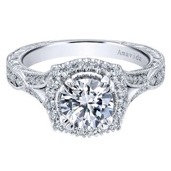 0.52 ct - Diamond Engagement Ring Set in 18k White Gold and 0.03 Sapphire Halo /ER11375R4W83SA-IGCD