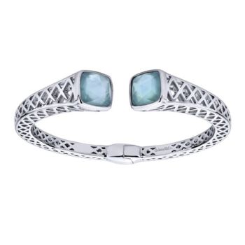 Rock Crystal & white Mother Pearl & green Onyx Cuff Bangle In Silver 925/Stainless Steel BG3670MXJMG